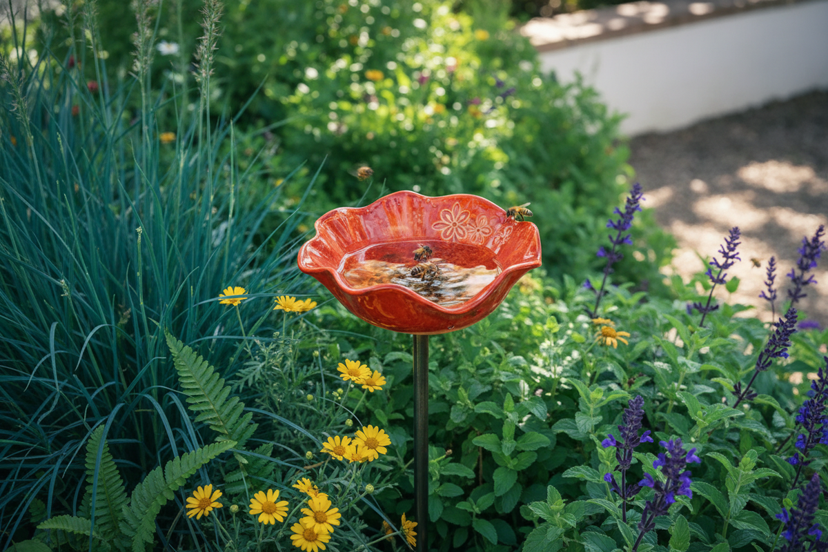 Close-up of a decorative garden bee water stake with a floral motif, nestled among green foliage and colorful flowers in a Sp